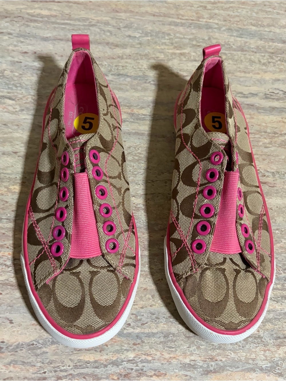Coach Brown Logo Canvas Slip-On Sneakers with Pink Trim
